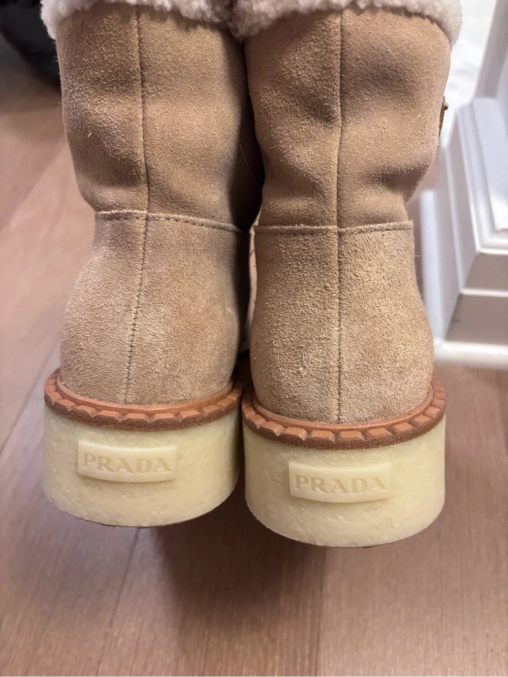 Prada Tan Suede Shearling-Trim Winter Boots